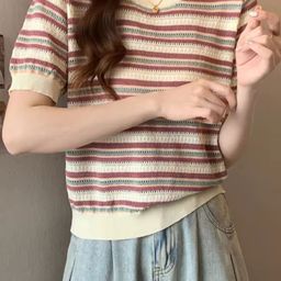 KPOP Women Striped Round Neck Short Sleeves Top-image-89
