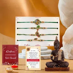 eCraftIndia Set Of 4 Rakhi Polyresin Meditating Buddha Statue & Roli Chawal-image-33
