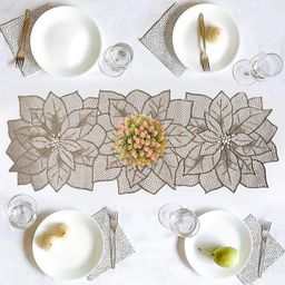 Aura Gold-Toned Flower Design Leather Table Runner-31