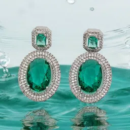 Gemron Jewel Rhodium-Plated American Diamond Studded Contemporary Drop Earrings-37