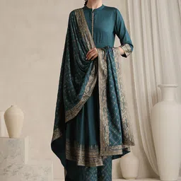 Khushal K Ethnic Motifs Printed Mandarin Collar A-Line Kurta With Trousers And Dupatta-picture-14