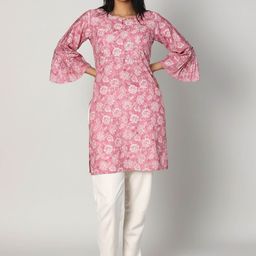 Hassu's Floral Printed Keyhole Neckline Linen Straight Kurti-image-75