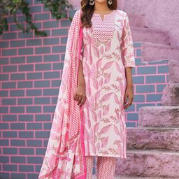 VIBE VISION Floral Printed Notch Neck Pure Cotton Kurta with Trousers & Dupatta-21