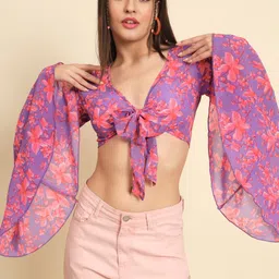 TANDUL Floral Print Cape Sleeve Georgette Crop Top-image-89