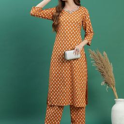 Sangria Mustard Yellow Ethnic Motifs Printed Sequined Pure Cotton Kurta With Palazzos-image-7