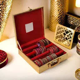 Myntra Elegant Homes Gold-Toned Printed Wooden 4 Rod Mirror Number Lock Velvet Bangle Box-54