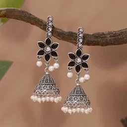 Yellow Chimes Silver-Plated Stone Studded & Beaded Oxidized Floral Dome Shaped Jhumkas-63