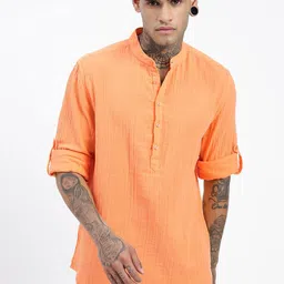 SHOWOFF Mandarin Collar Roll-Up Sleeves Straight Kurta-image-96