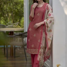 BE IN TEXO FAB Ethnic Motifs Embroidered Thread Work Kurta with Trousers & With Dupatta-image-81
