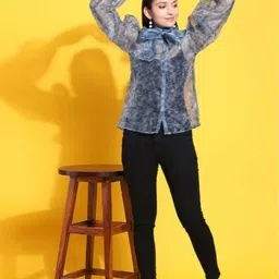 Rujave Floral Printed Tie-Up Neck Puffed Sleeves Sheer Organza Shirt Style Top-picture-8