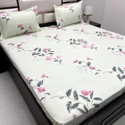 Pure Decor White & Pink Floral 300 TC Queen Bedsheet with 2 Pillow Covers-picture-1