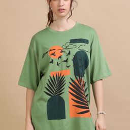 MORSE CODE Printed Pure Cotton Round Neck Oversized T-shirt-image-6