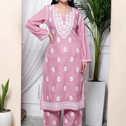 Doriyaan Women Floral Embroidered Regular Chikankari Pure Cotton Kurta with Palazzos-picture-14