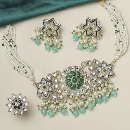 fabula Kundan Stone-Studded & Beaded Multi Layer Choker Jewellery Set-13