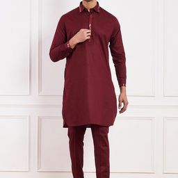 Satwaa Geometric Self Design Shirt Collar Pathani Kurta with Trousers-picture-20