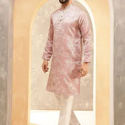 SOJANYA Ethnic Motifs Printed Band Collar Jacquard Silk Straight Kurta-48