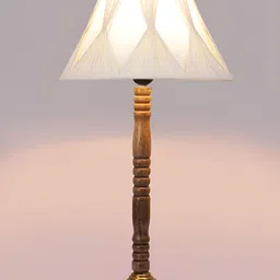 Devansh Off White and Brown Textured Wooden Frusturical Shaped Table Lamp image 4