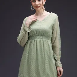 emeros Women V-Neck Self Design Georgette Fit & Flare Dress-image-6