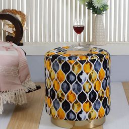 Shadowkart Black & Yellow Printed Wooden & Velvet Round Ottoman-18