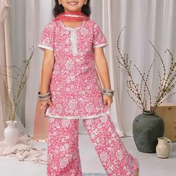 Cutiekins Girls Floral Printed Kurta with Palazzos & Dupatta-picture-11