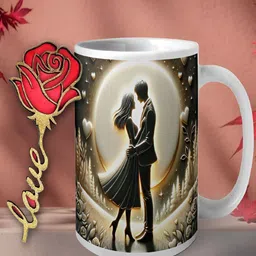 Phirki Studio White & Red 2 Pieces Printed Ceramic Glossy Mug 350ml & Wooden Rose Magnet-4