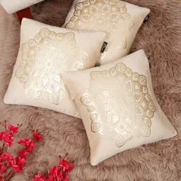 Myntra Elegant Homes Cream-Coloured 3 Pieces Ethnic Motifs Velvet Square Cushion Covers-image-69