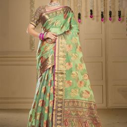 SANGAM PRINTS Woven Design Zari Organza Tussar Saree-image-37