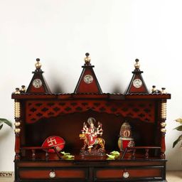 DZYN Furnitures Brown & Yellow Wooden Sunanda Bhawan Wall Mount Pooja Mandir-image-11