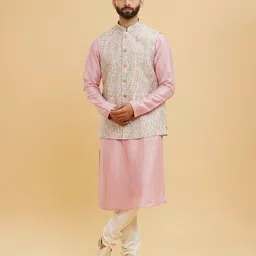 Twamev Floral Printed Mandarin Collar Straight Kurta With Churidar & Nehru Jacket-image-27