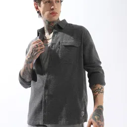 Hubberholme Men Spread Collar Cotton Textured Double Pocket Utility Casual Shirt-image-8