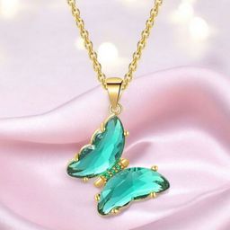 Nilu's Collection Gold-Plated Cubic Zirconia Studded Butterfly Pendant With Chain-image-9