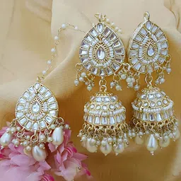 EVY Gold-Plated Kundan Studded & Pearls Beaded Dome Shaped Jhumkas-46