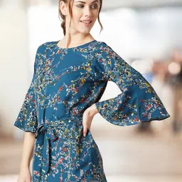 all about you Women Boat Neck Floral Ruffled Long Belted Tie-Up Top-image-85
