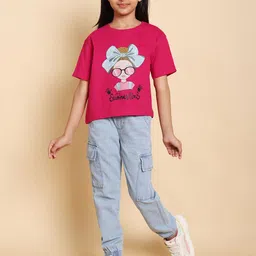 HERE&NOW Girls Printed Short Sleeves Pure Cotton T-shirt With Joggers-picture-6