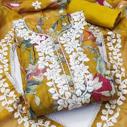 HERE&NOW Floral Embroidered Thread Work Organza Unstitched Dress Material-image-38