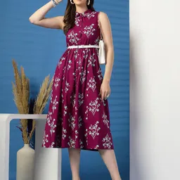 Ramas Women Floral Printed Cotton Fit and Flare Dress With Belt-image-92