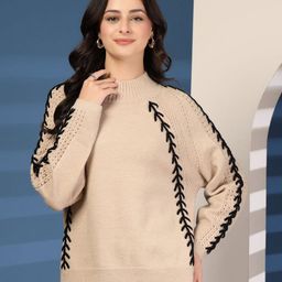 Mafadeny Women Cable Knit Self Design High Neck Pullover Sweater-image-11