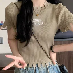KPOP Women Typography Embroidered Striped Round Neck Short Sleeves Top-image-60