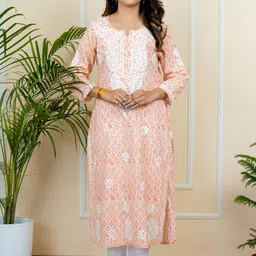ADR CHIKAN Women Ethnic Motifs Embroidered Regular Chikankari Pure Cotton Kurta with Trousers-picture-25