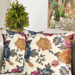 Blue Grass Cream & Yellow 2 Pieces Floral Printed Velvet Square Cushion Covers-image-97