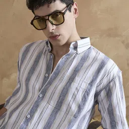 DENNISON Men Blue and Cream Vertical Striped Oversized Shirt-image-41