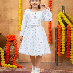 Sangria Girls Foil Printed Winter Woolen Dress With Belt-image-53