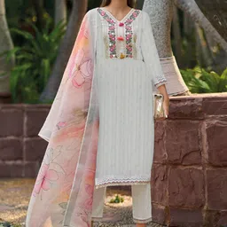 Indo Era Off White Floral Embroidered V-Neck Pure Cotton Kurta with Trousers & Dupatta-19