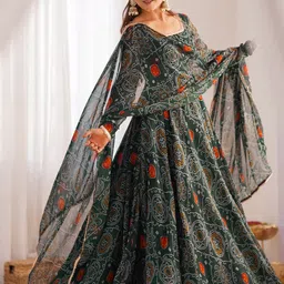 SWEETPEL Floral Printed Thread Work Georgette Anarkali Kurta With Trousers & Dupatta-picture-11