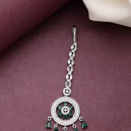 ZENEME Rhodium-Plated American Diamond Studded Maang Tikka Head Jewellery-image-59