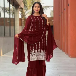BINDUDI Floral Embroidered Round Neck Thread Work Kurta With Sharara & Dupatta-image-83
