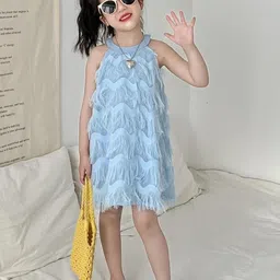 LULU & SKY Girls Self Design Halter Neck Fringer Trimmed A-Line Dress-image-13