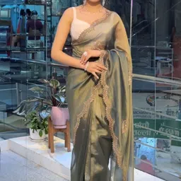 BAESD Embellished Beads and Stones Poly Chiffon Designer Tussar Saree-18