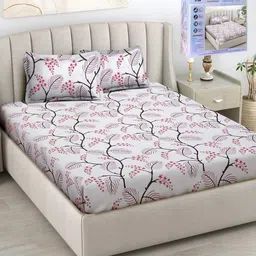 FABINALIV White & Red Floral 300 TC Fitted King Bedsheet Set Set 2.50m X 2.25m-image-16