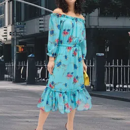 DressBerry Floral Print Off-Shoulder Puff Sleeve Georgette Empire Midi Dress-image-88